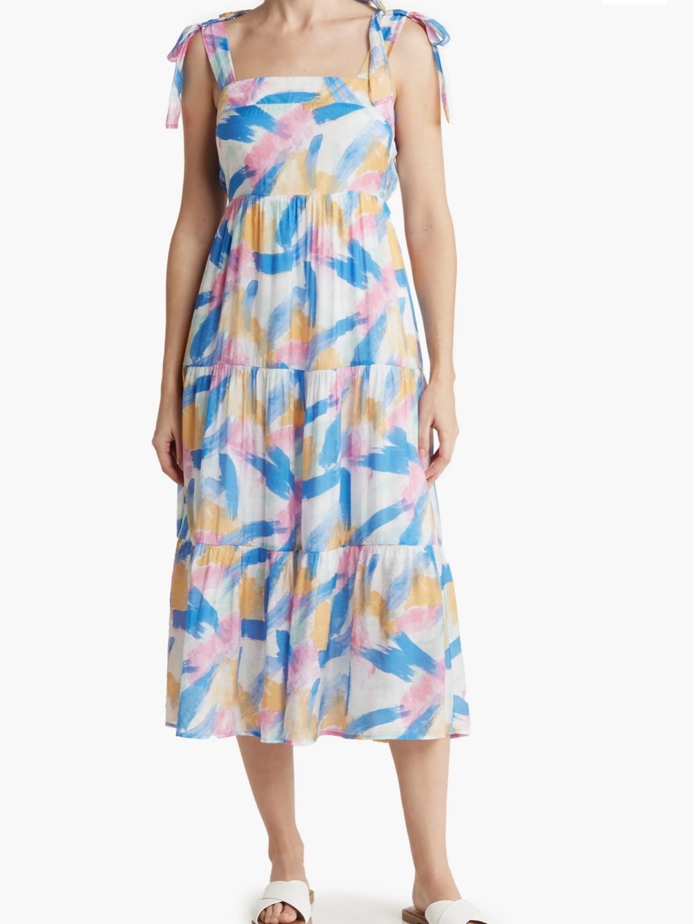 Blu Pepper Tie-Shoulder Tiered Midi Dress in Blue, Pink & Yellow